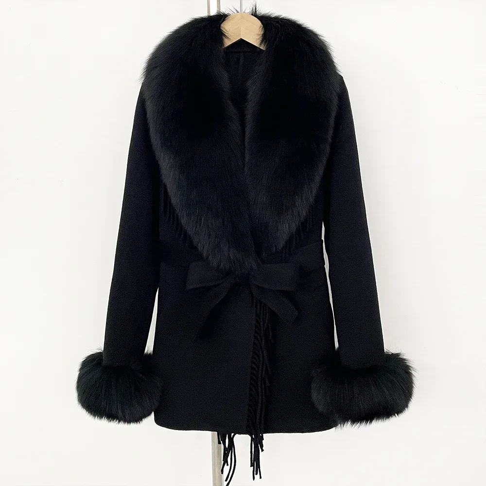 リアルファーコート 2025 秋冬新作 本物の毛皮ジャケット レディース ウール混紡 ショートフォックスファー 天然毛皮 ウールジャケット 女性用オーバーコート