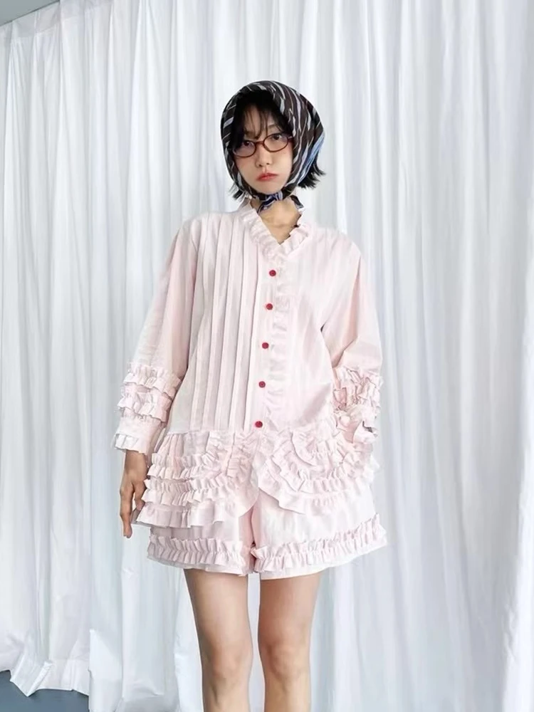 White High Waist Wide Leg Short Pants Two-Piece Set Women's Spring New Style Wooden  Design Sense Shirt And Shorts Ensemble