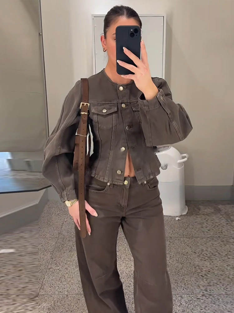 

Джинсовая куртка и брюки, женские однобортные тонкие укороченные топы на молнии, широкие брюки, костюмы 2025 года, весенний винтажный женский комплект из 2 предметов