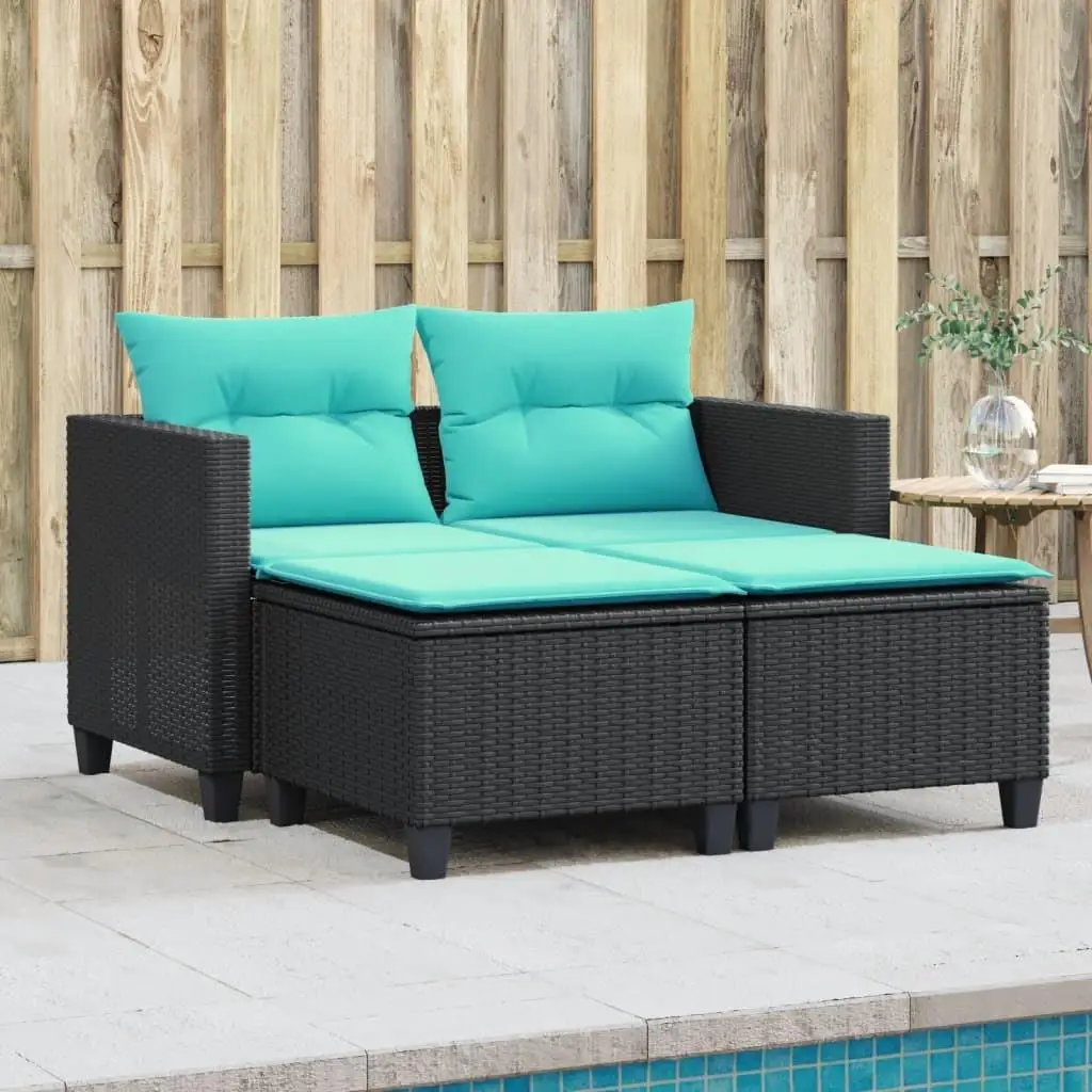 Black Poly Rattan 2-Seater Patio Sofa with Stools - Stylish Outdoor Seating