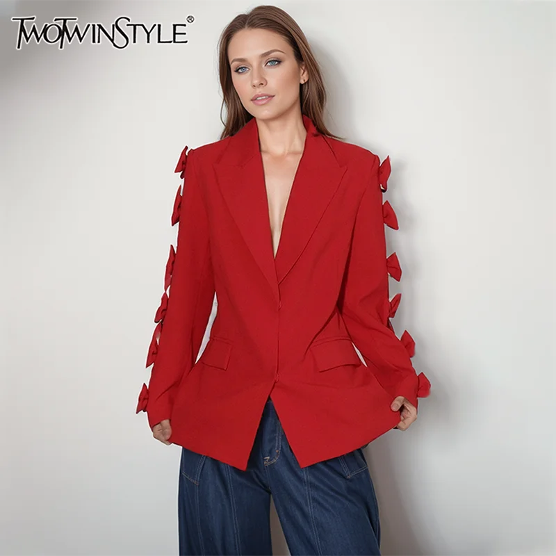 

TWOTWINSTYLE Solid Spliced Bowknot Blazer For Women Notched Collar Long Sleeve Patchwork Pocket Temperament Blazers Female New