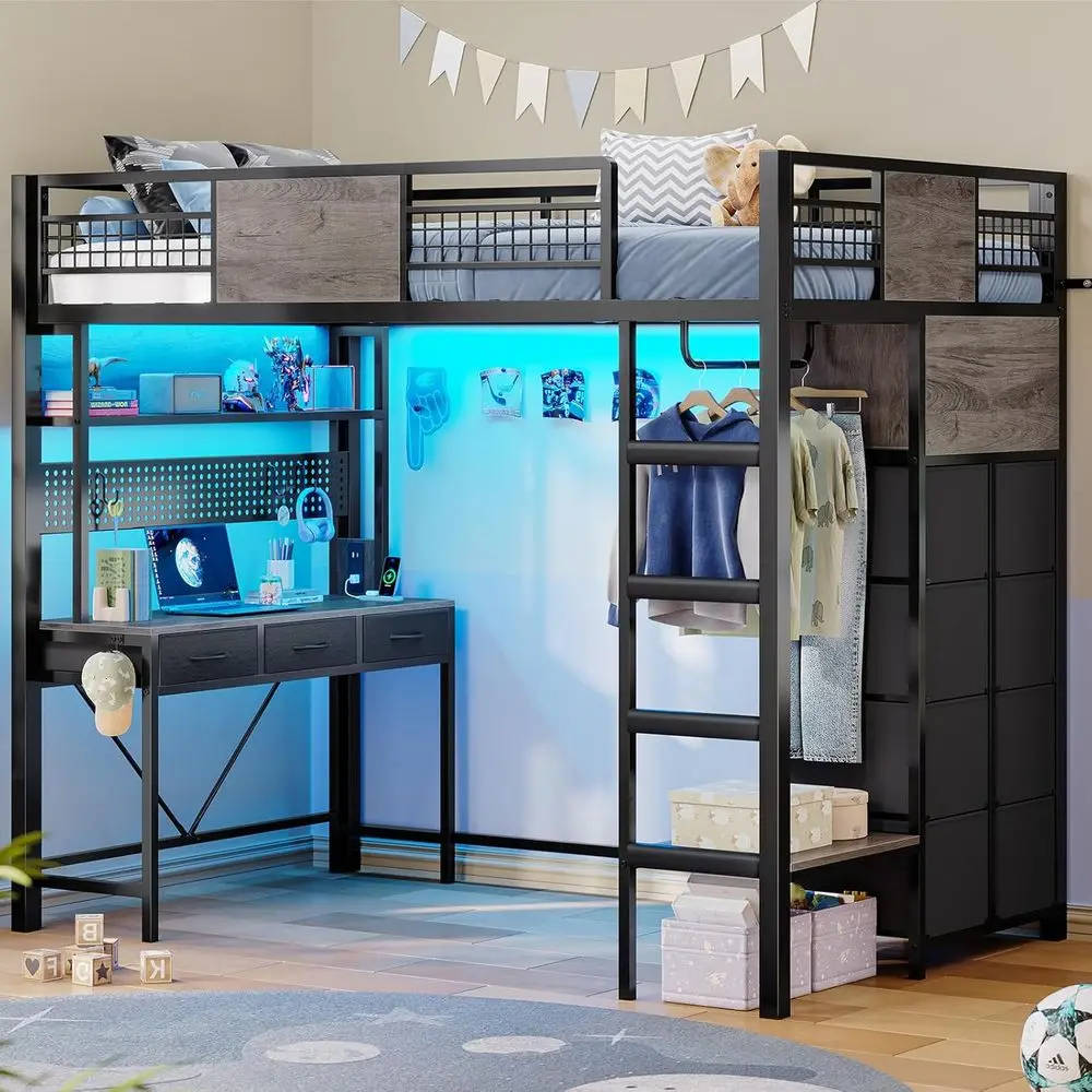 سرير علوي بحجم مزدوج مع مكتب، 11 درج تخزين، علوي معدني للأطفال مع أضواء RGB، محطة شحن، أرفف ورف ملابس، 13