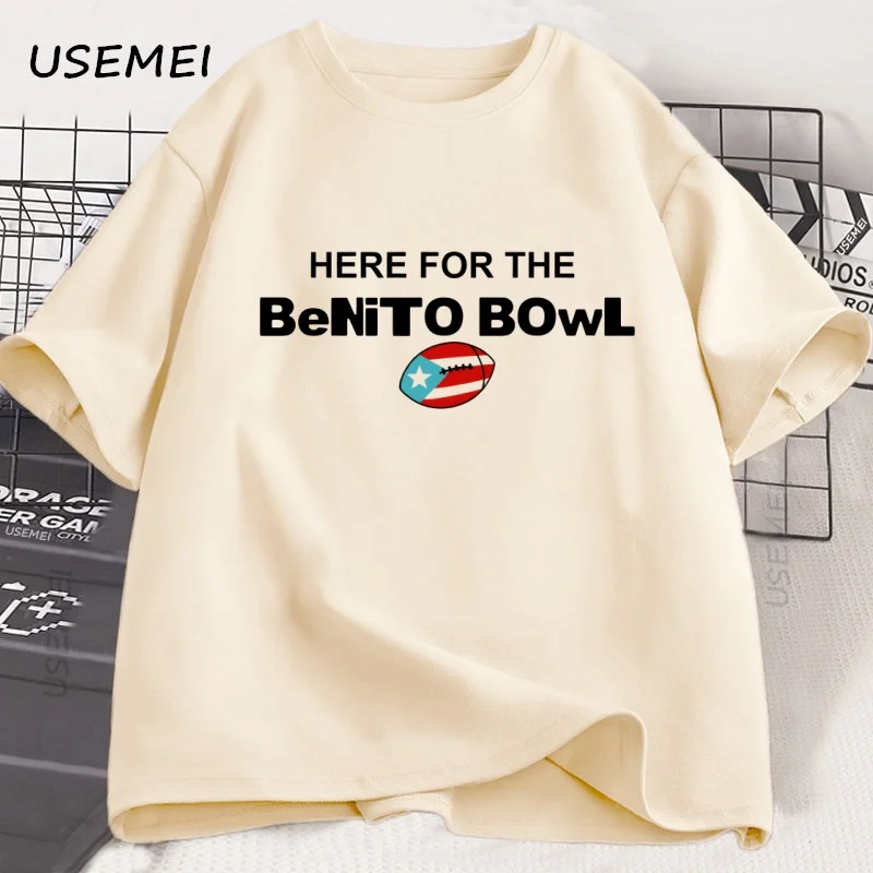 هنا لـ Benito Bowl التي شيرت بورتوريكو لكرة القدم تي شيرت باد باني Superbowl نصف الوقت تي شيرت الرجال النساء القطن المطبوع القمم