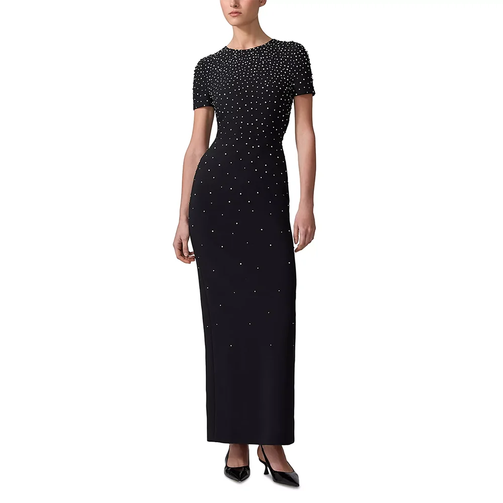 

Black Scoop Collar Short Sleeves Evening Dress Fashion Pearls Decoration Prom Gowns Customized Straight Ankle Lenght Party Dress