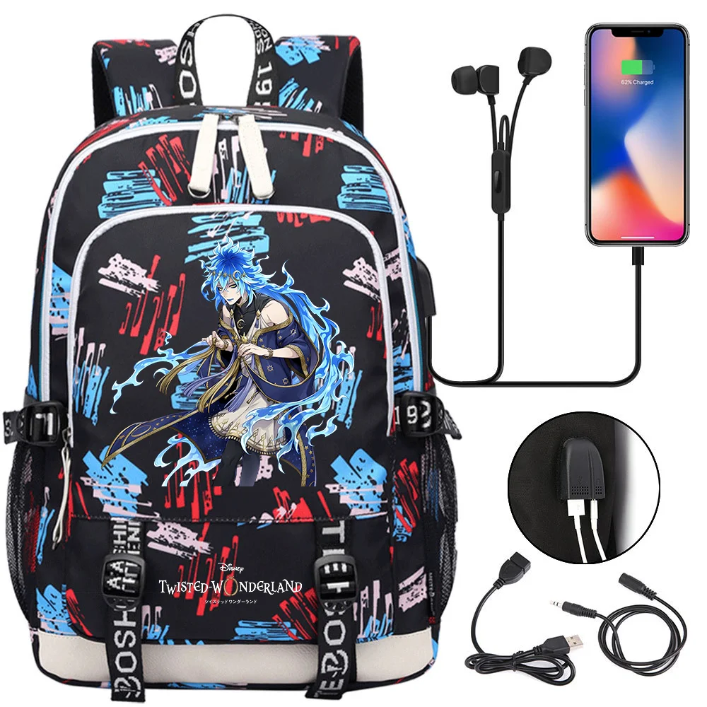 Disney Twisted-Wonderland School Bags For Teenager USB Charging Laptop Backpack Boys Girls Student Book Bag Mochila Travel Bag