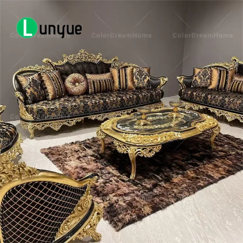 Luxury Turkish Style Wood Carving Royal Sofa Set Solid Wood Living Room Furniture Elegant Classic Design Home Decor