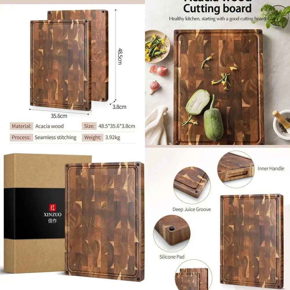 

Reversible Acacia Wood Cutting Board, 19x14x1.5 Inches, Non-Slip, Built-in Handles, Juice Groove, Thick End Grain Chopping Board