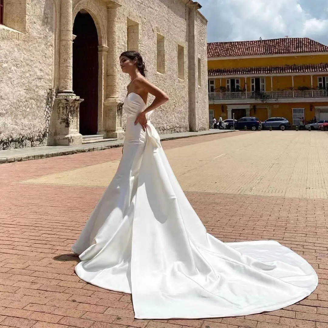 Romantische Elegante Meerjungfrau Hochzeit Kleider 2022 Satin Liebsten Bow Bodenlangen Prinzessin Brautkleid Brautkleider Vestido De Novia