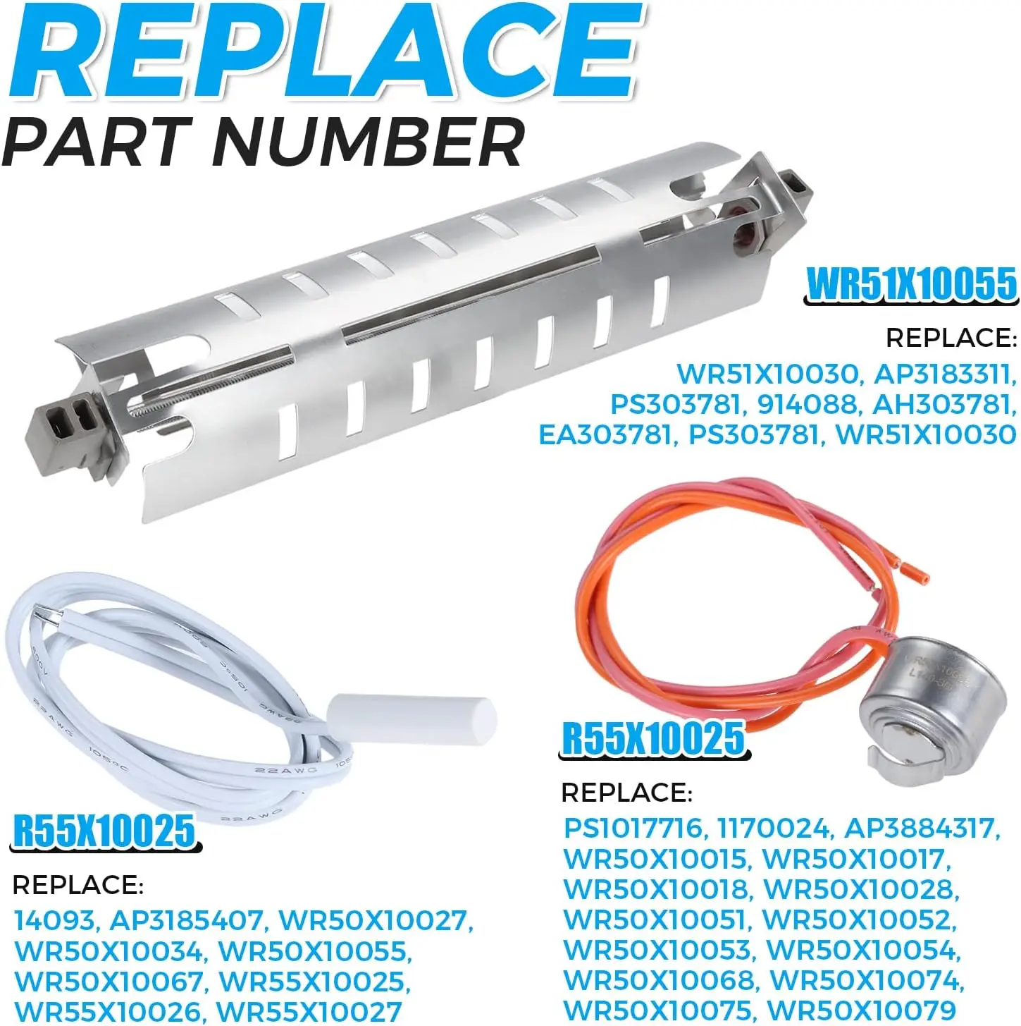1kit WR51X10055 Refrigerator Defrost Heater WR55X10025 Temperature Sensor WR50X10068 Defrost Thermostat fit for GE Hotpoint