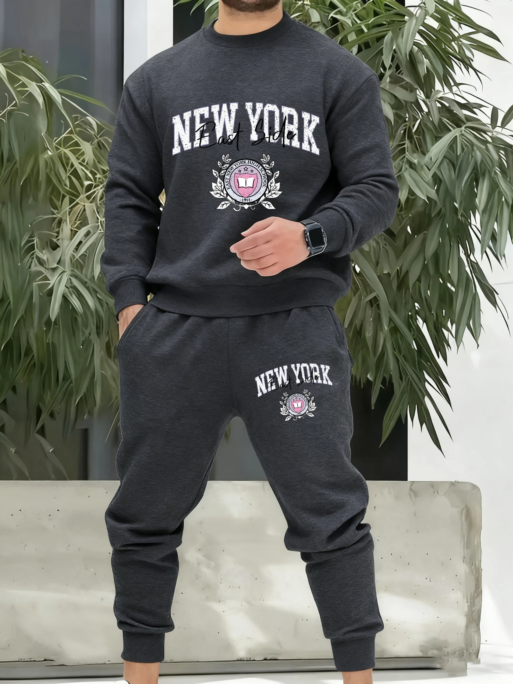

New York East Side Print Men Fashion Suit Soft Fleece Pocket Pnats Autumn Retro Pullovers All-Match Unisex Basics Clothes