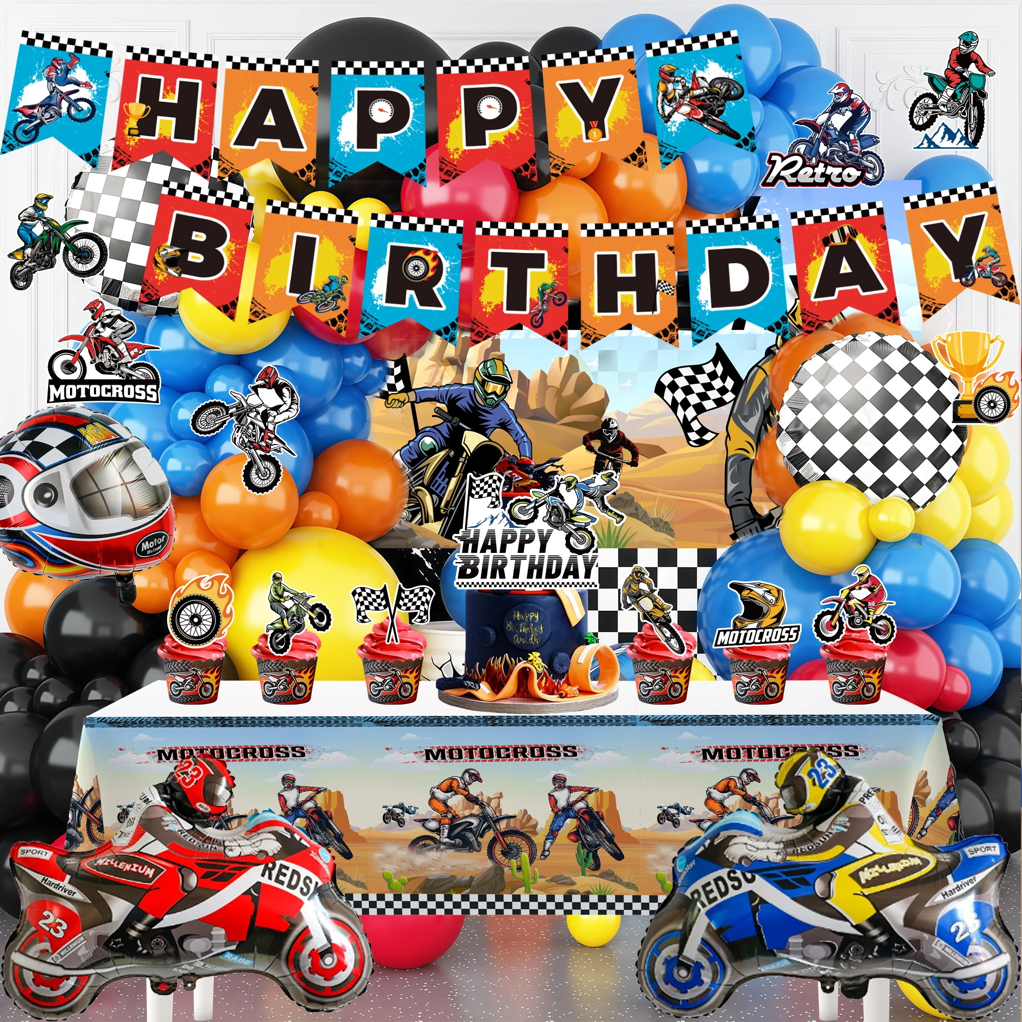 102 Pcs Motorcycle Birthday Decorations Set-Dirt Bike Party Banner Balloons Backdrop Cake Toppers Etc Motocross Party Supplies