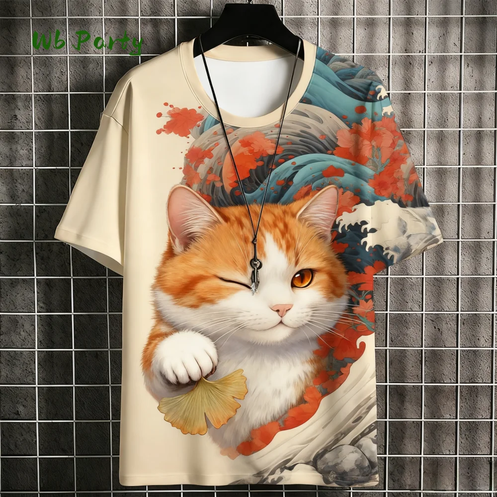 

Мужская футболка с котом Ukiyo-E, футболка с короткими рукавами и принтом животных, графические футболки, летний повседневный топ, свободная мужская одежда с круглым вырезом