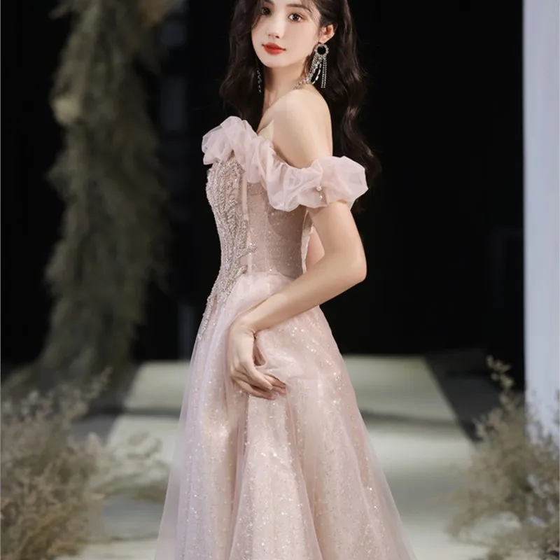 Pink off-Shoulder Light Luxury Minority Birthday Adult Ceremony Dress Women's