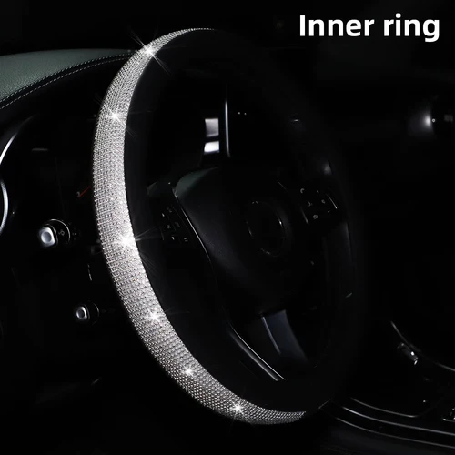 Cubierta de rueda interior de coche con diamantes de imitación de malla intermitente de cuero PU adecuada para accesorios interiores de coche de 14,5 - 15 pulgadas para mujer