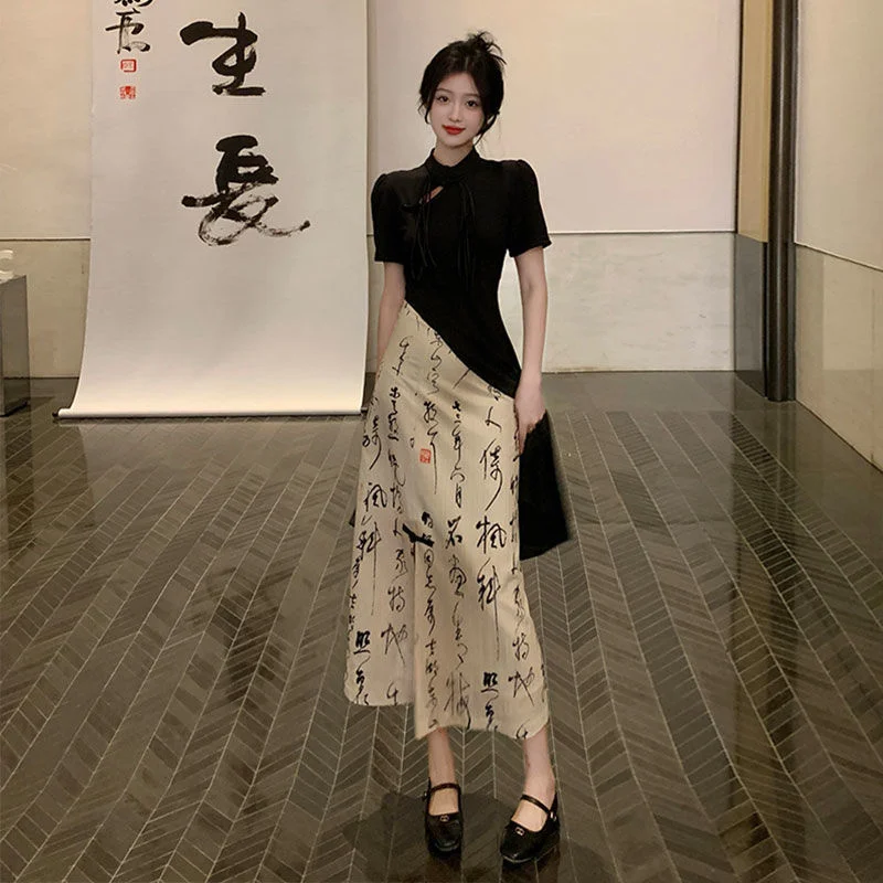 New Chinese Style High Grade Irregular Calligraphy Half Body Dress Fashion Qipao Two Piece Set Skirt Women\'s Summer Hanfu Suit