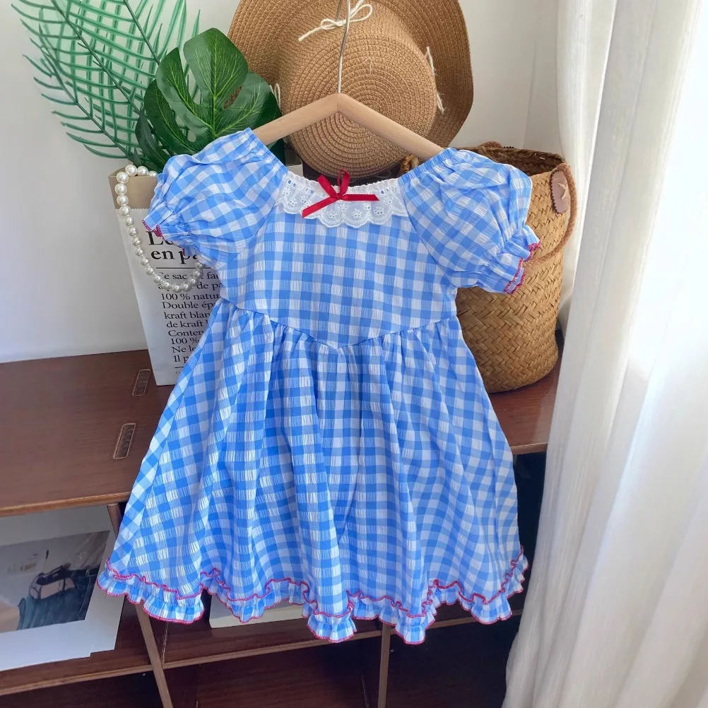 

2023 летнее новое клетчатое платье для девочек, милое французское платье с квадратным вырезом в деревенском стиле, модное милое платье в западном стиле