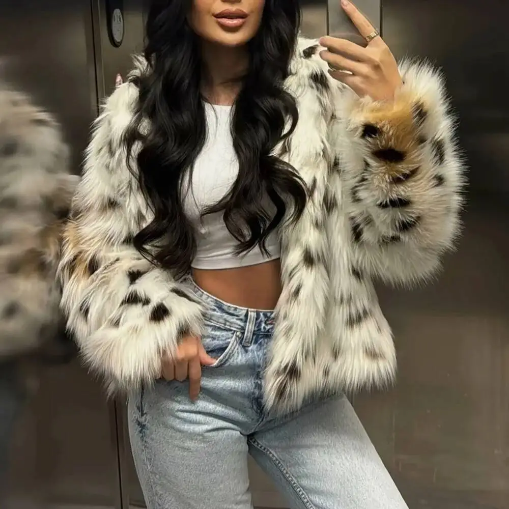 FANAN Leopard Loose Chic Jackets For Women Lapel Long Sleeve Minimalist Feather Coat Female Fashion New Warm Coats Winter