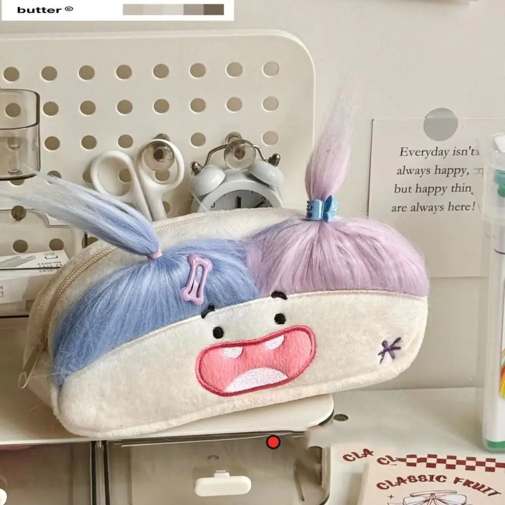 DIY Fluffy Hair Afro-Hair Doll Pen Bag Zipper Large Capacity Pencil Case Holder Kawaii Funny Soft Plush Pen Bag Kids Gift