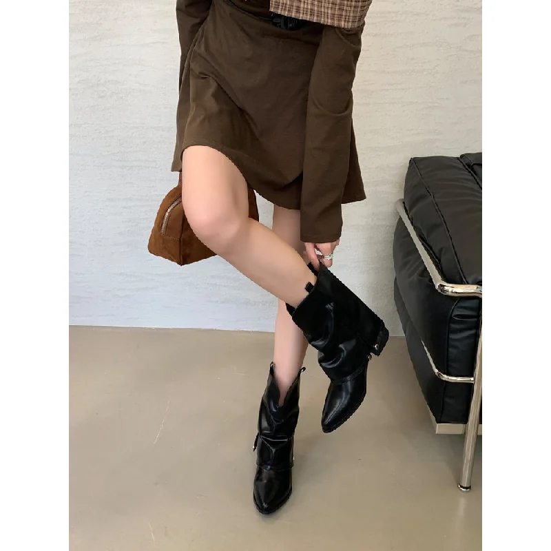 Vintage Damen-Cowboystiefel mit spitzer Zehenpartie, gerafftem Schaft, seitlichem Reißverschluss, Blockabsatz, PU-Leder, Herbst/Winter – Detail 16
