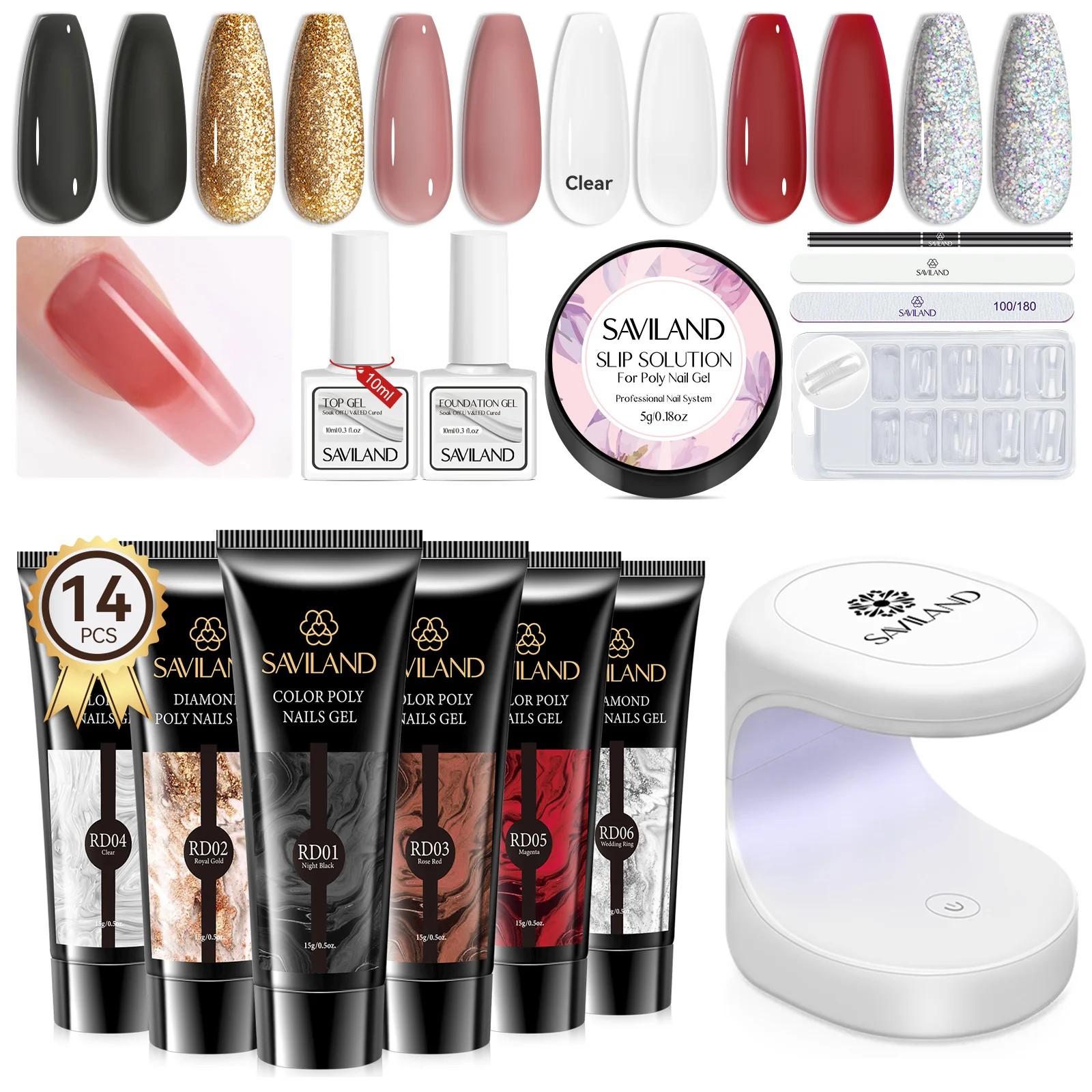

SAVILAND 6 Colors Poly Gel Nail Kit Starter with U V Light Rose Red Glitter Gel Full Set for Beginners Home DIY Nail Extension