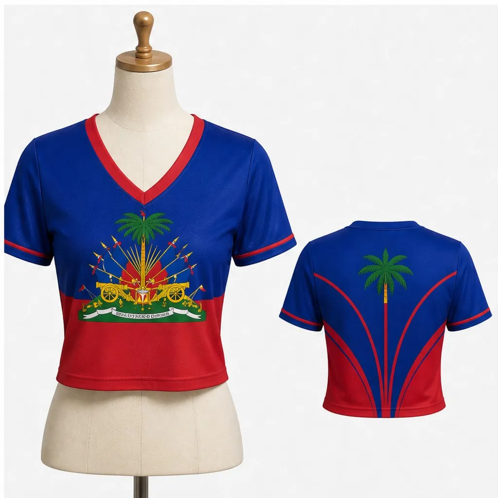 Womens Haiti V Neck Short Sleeve Crop Top Palm Crest Graphic Casual Summer Shirt for Street Travel Holiday Festival Daily Outfit