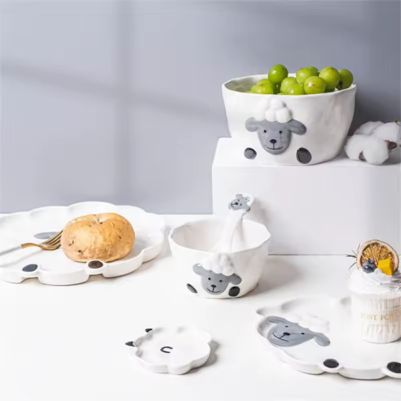 Rice Bowl Soup Bowl Snack Plate Cute Animal Porcelain Dinnerware Bowl Tableware Set Little Sheep Tableware Kitchen Set Cookware