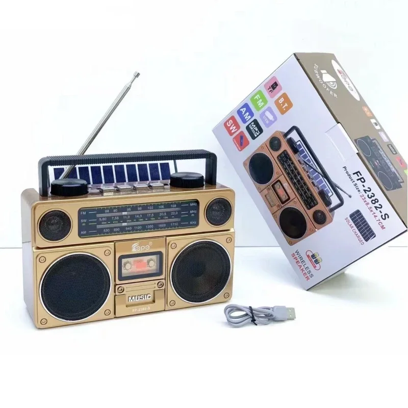 المحمولة الرجعية بلوتوث Boombox شحن الطاقة الشمسية متعددة الوظائف في الهواء الطلق ستيريو مشغل الهاتف المحمول المدمج في مكبرات الصوت راديو FM/AM/SW