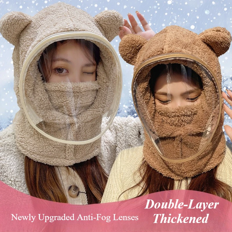 

Зимняя шапка с милым медведем и маской для лица для женщин, пуловер на флисовой подкладке, Балаклава для защиты ушей и шеи, теплый велосипедный лыжный капюшон
