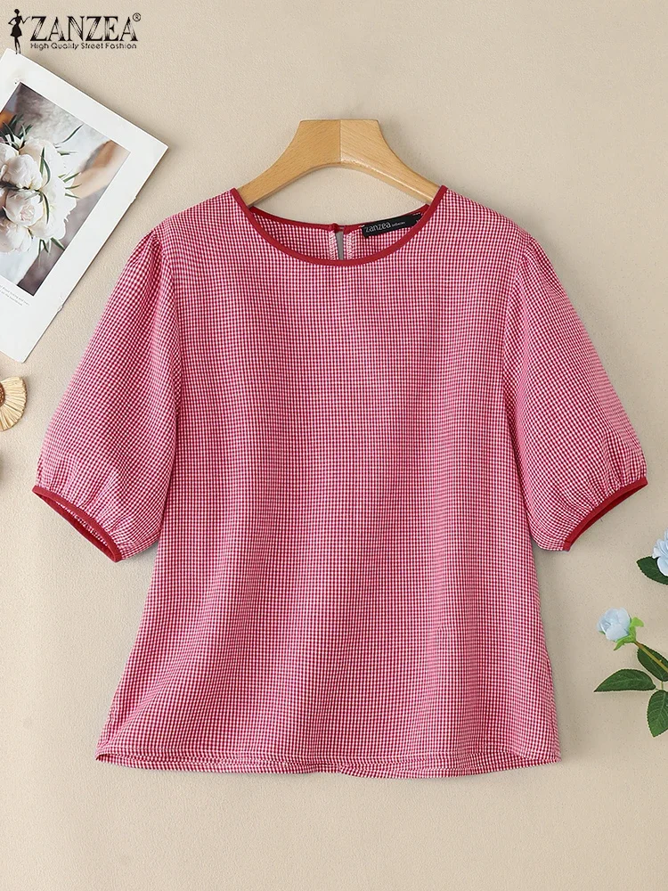 2025 ZANZEA Letnia bluzka z krótkim rękawem i dekoltem w kratę Damskie luźne koszule w kratę Casualowa koszula wakacyjna Damskie bluzki do pracy Oversize
