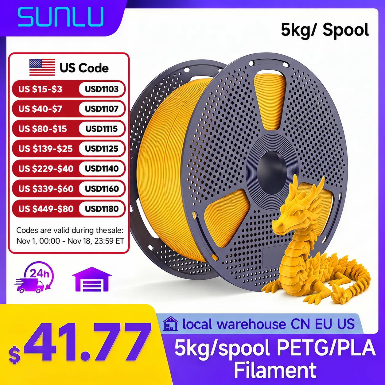 SUNLU PETG/PLA 5kg/Spool 3D Printer Filament 1.75±0.02mm Large Spool 3D Printer Filament for Big Projects with Bambu/Creality