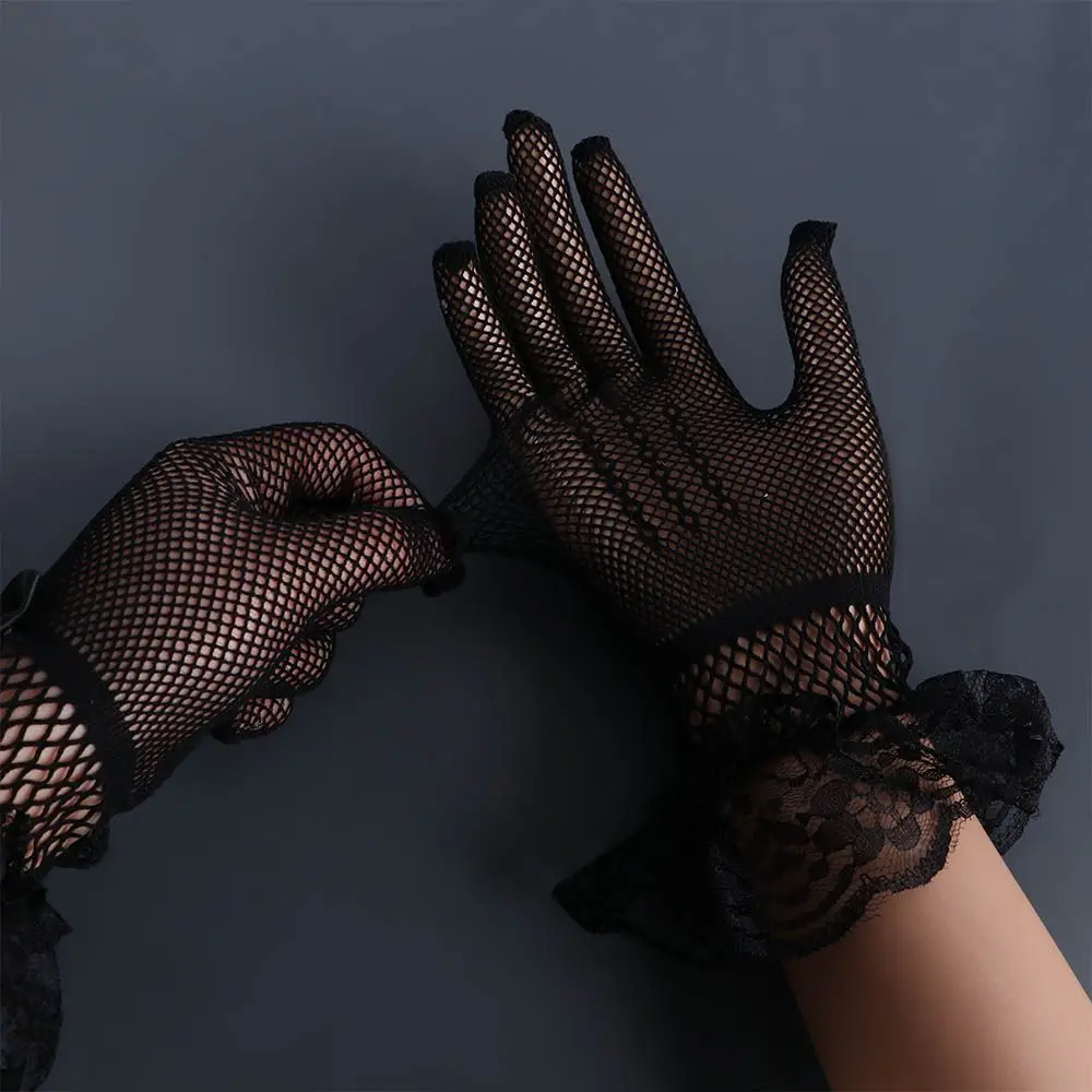 Breathable Elegant Anti-UV Fishnet Flower Bow Lace Women Driving Gloves Sun Protection Mittens Wedding Gloves