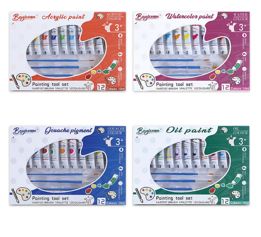 Professional Artist-Grade Pigment Set with 12 Colors Pigment, 4 Brushes Palette, Suitable for Acrylic, Oil & Watercolor Painting