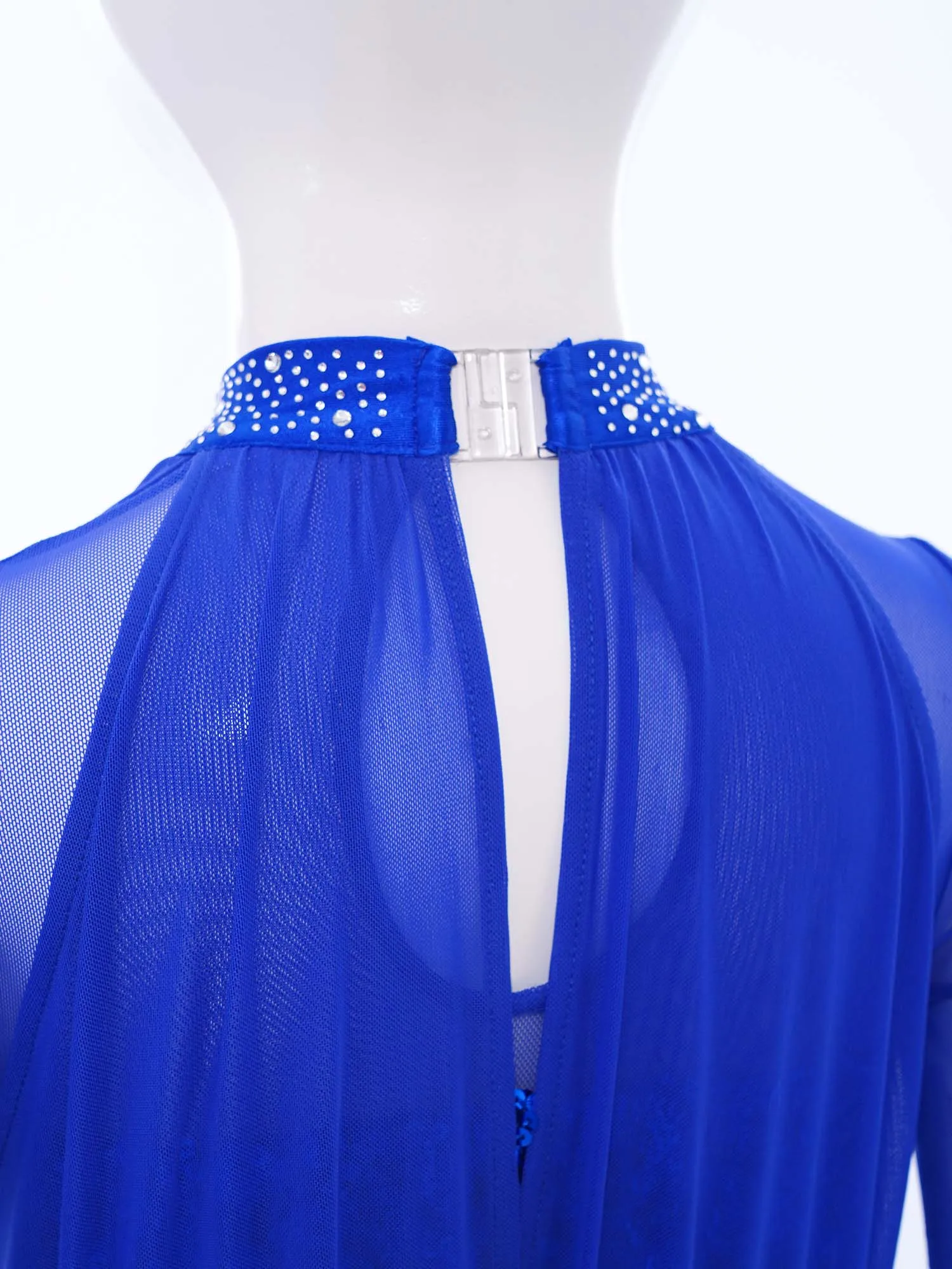 

Kids Girls Figure Skating Jumpsuits Jazz Modern Gymnastic Dance Costume Long Sleeve Keyhole Back Rhinestones Sheer Mesh Leotards