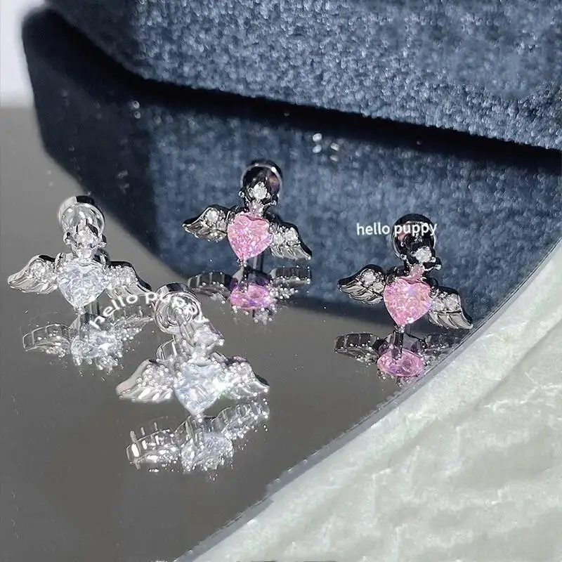 Fashion Personality Heart Rhinestone Wing Ear Bone Nail Earrings For Punk Jewelry Women Accessries Gifts