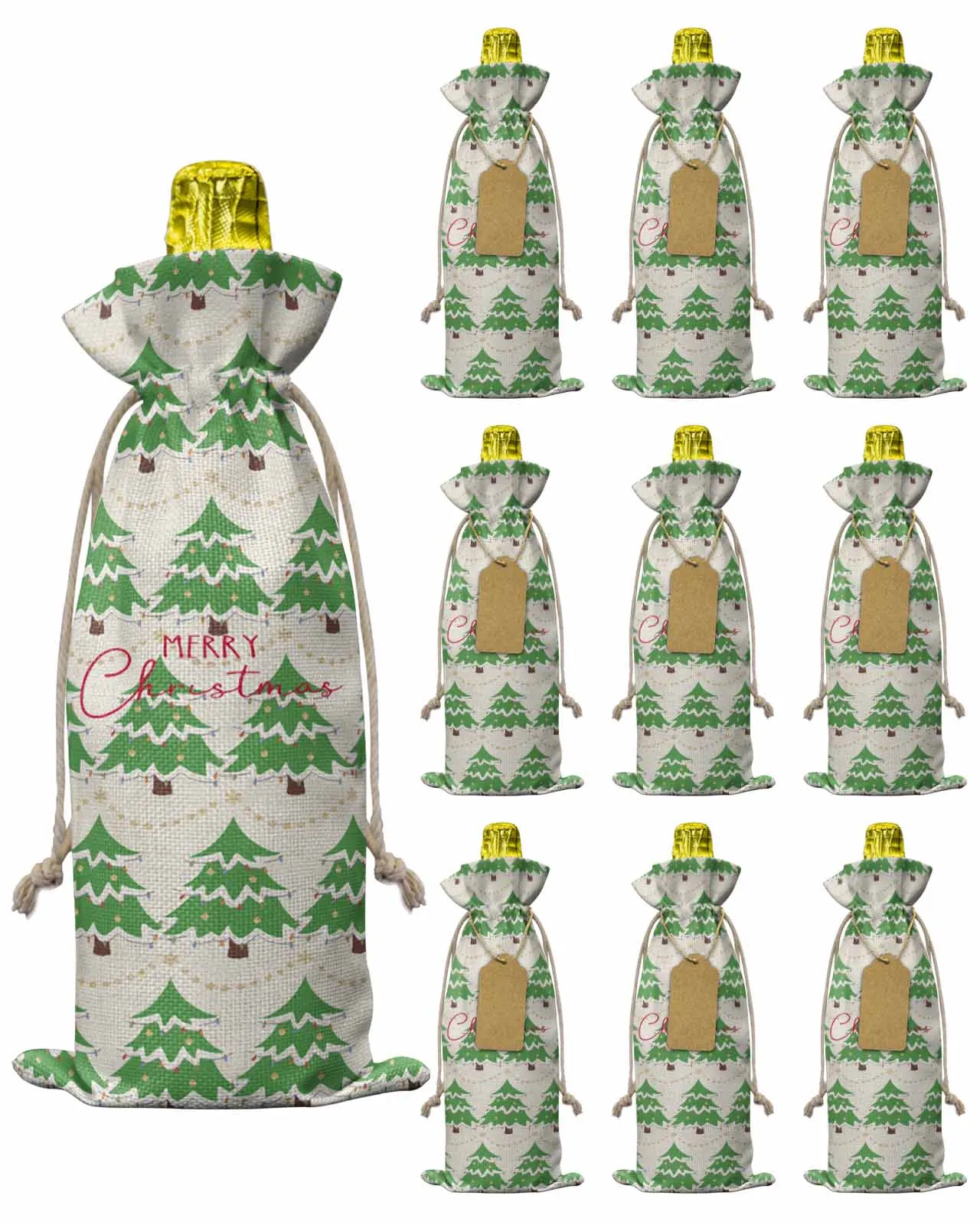 10pcs Christmas Tree AlphabetWine Bottle Bag with Drawstring Festive Party Decor Wine Bottle Covers Gift