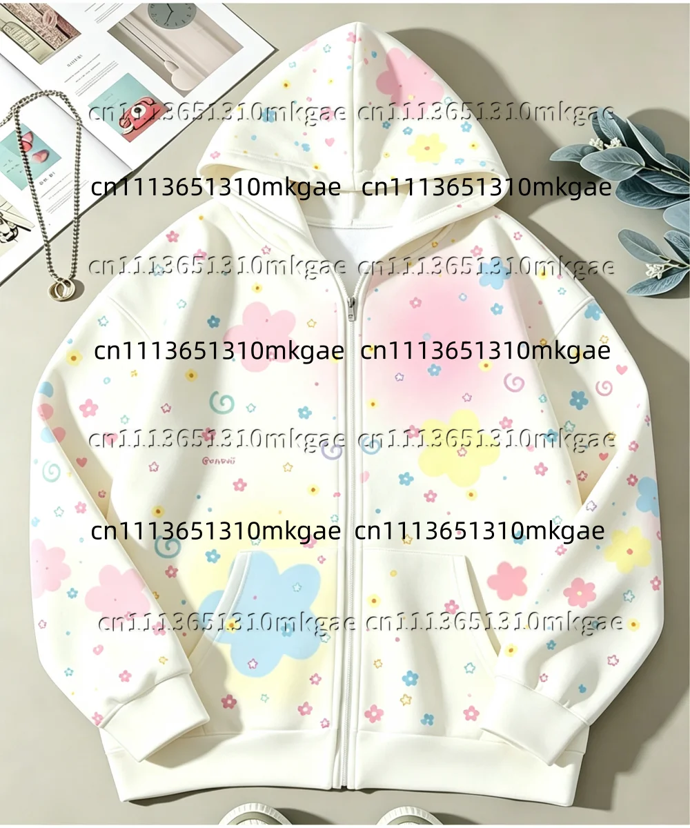 Sweet Floral Print Hooded Zipper Sweatshirt Ladies Loose Long Sleeve Jacket Aesthetic Tulip Bow Pattern Kids Casual Outerwear