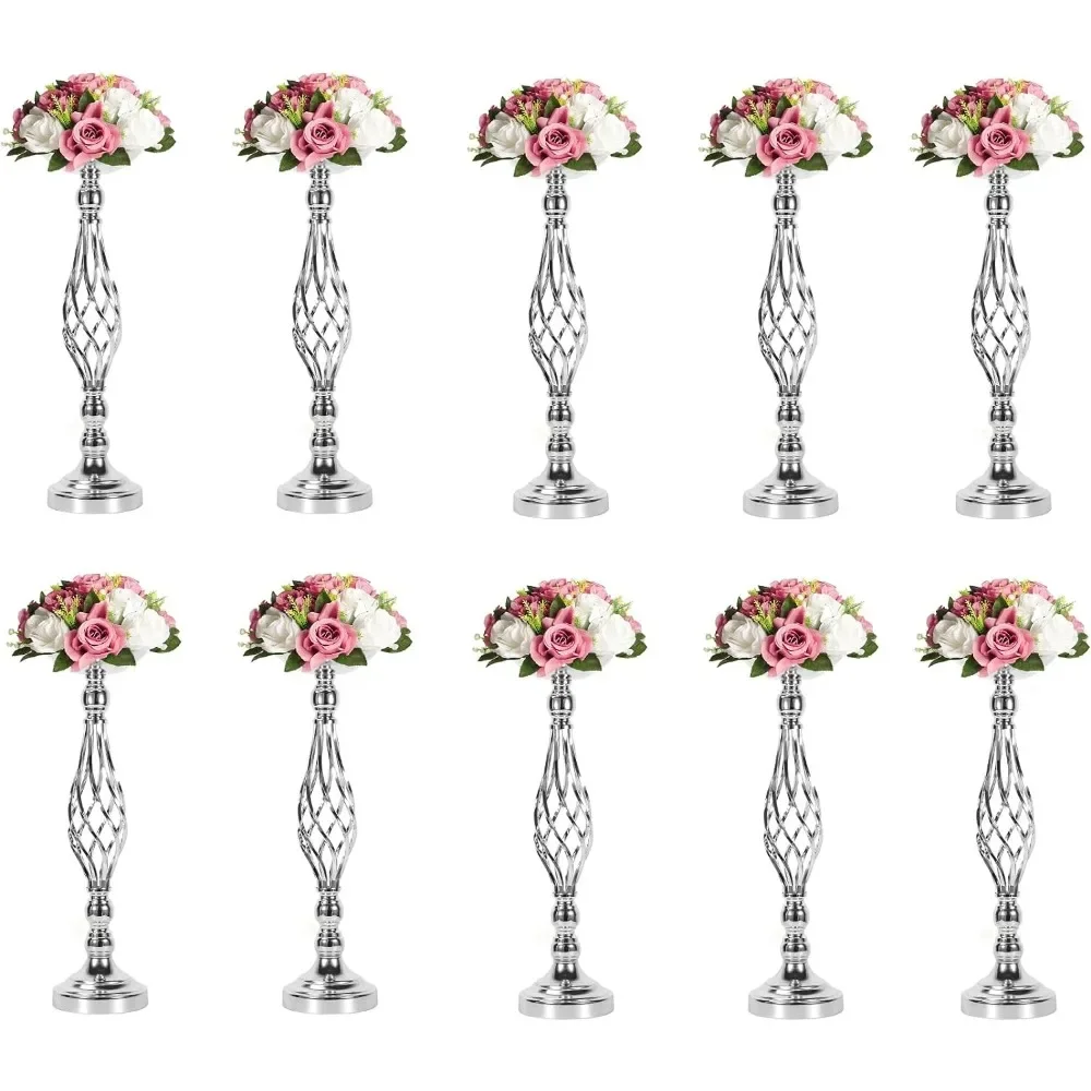 

10pcs Metal Silver Candle Holders Road Lead Table Centerpiece Stand Pillar Candlestick for Wedding Candelabra Flowers Vases