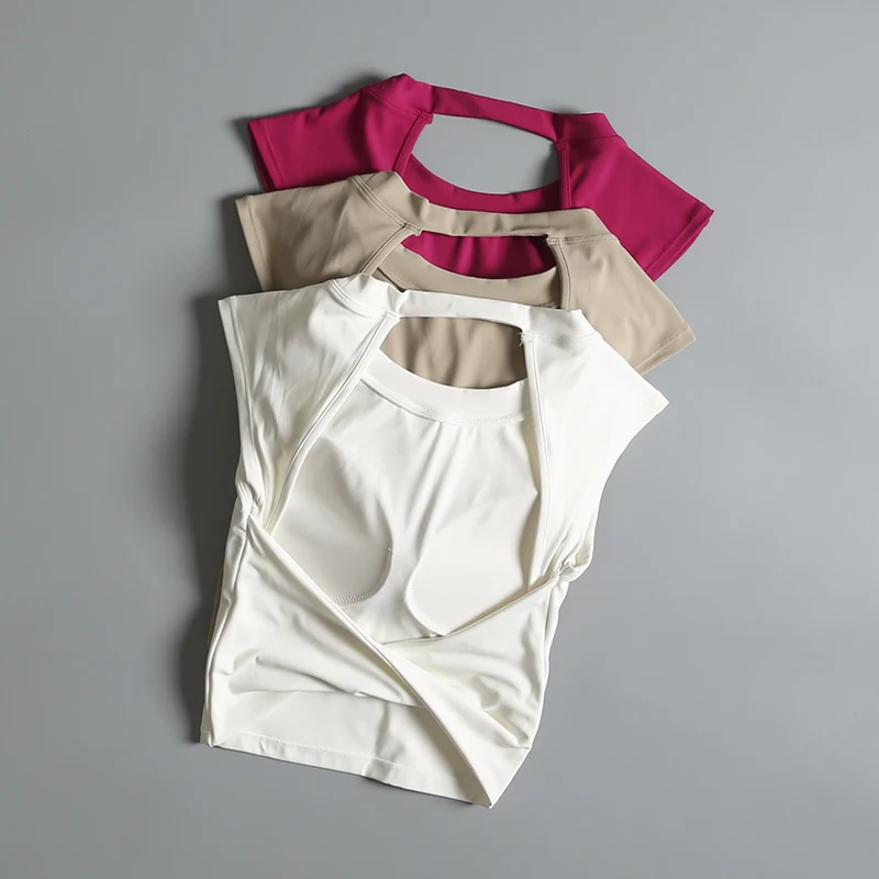 Gilet sportivo da yoga da donna T-shirt sexy a maniche corte con scollo all'americana Pettorina fissa Vita reversibile traspirante Abbigliamento fitness dimagrante
