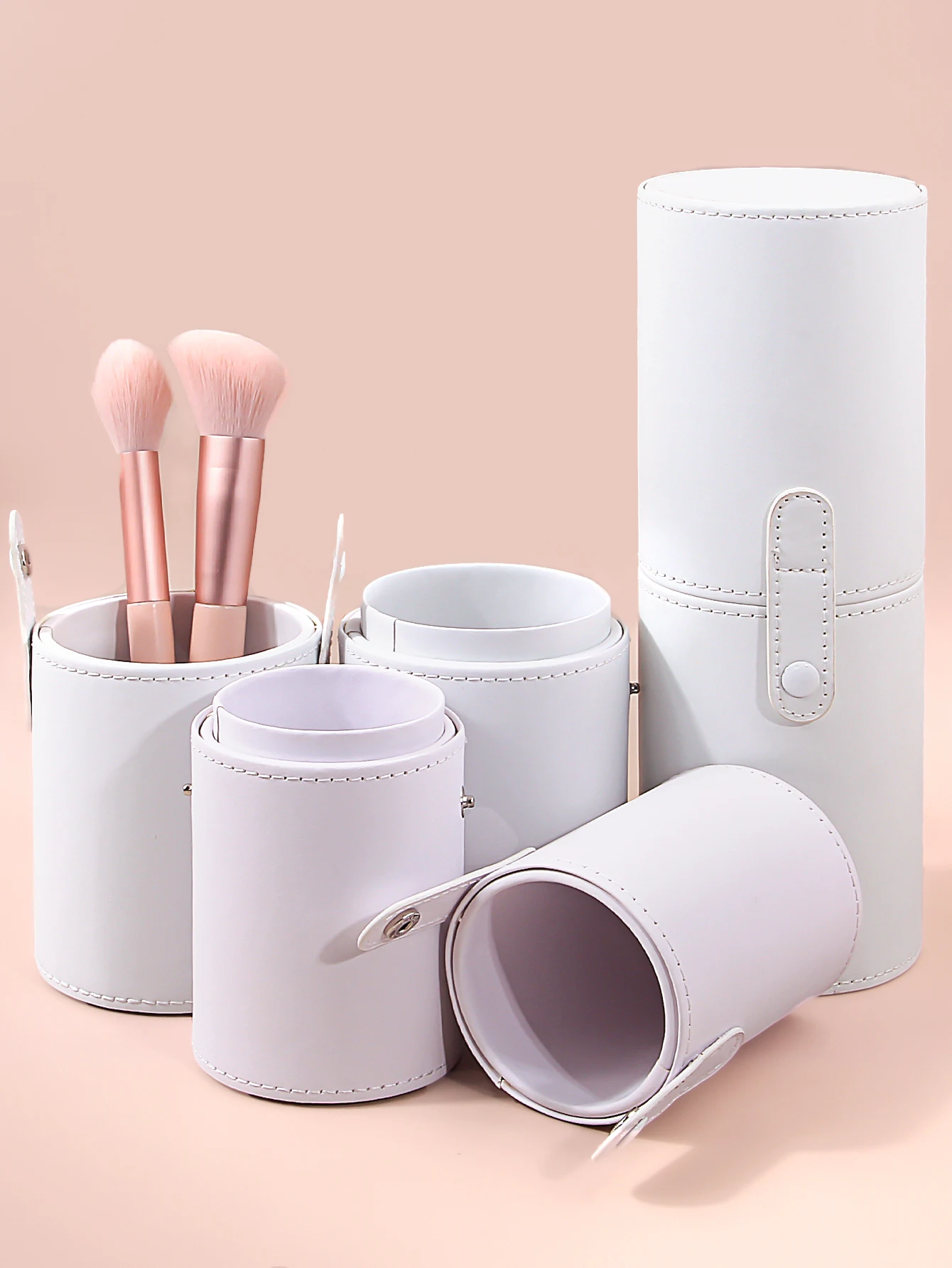 1 stücke tragbare push-taste PU leder make-up pinsel lagerung eimer mit deckel große kapazität desktop reise make-up lagerung werkzeug