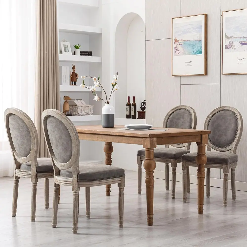 

Set of 4 French-Style Dining Chairs with Grey Upholstery and Wooden Legs for Home, Kitchen, or Restaurant Use
