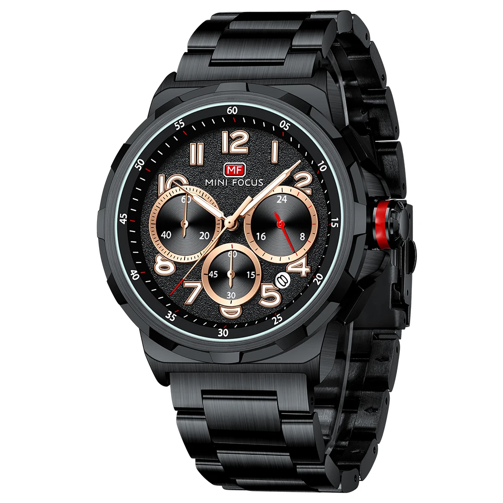 MINI FOCUS Men's Business Quartz Watch, Luminous Hands, Calendar, Small Seconds, Stainless Steel Bracelet, 30M Water Resistant