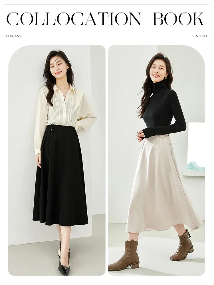 Vimly Elegant A Line Midi Skirts for Women 2023 Fall Fashion Side Pockets Elastic Waist Swing Flared Skirt Female Clothing M2573