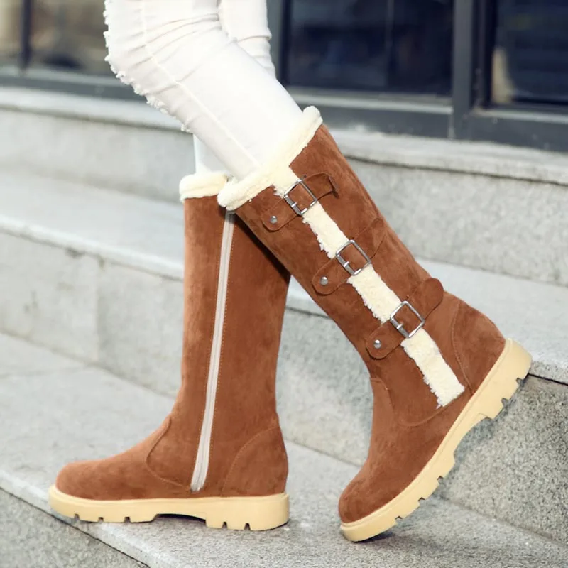 Women Winter Furry Knee High Boots Warm Fleece Lined Buckle Decor Snow Boots Thick Sole Non Slip Side Zipper Outdoor Casual Boot