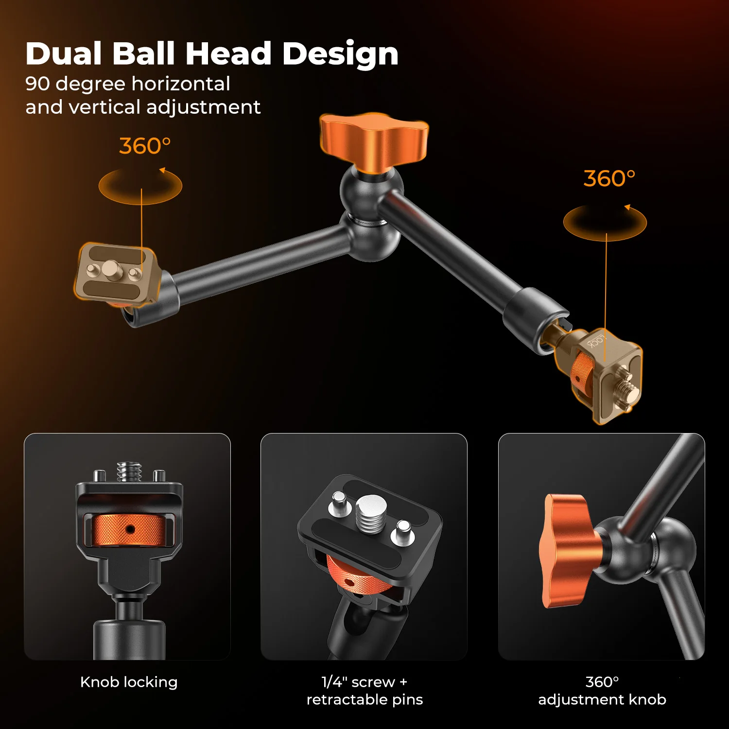K&F CONCEPT Magic Arm Clamp z Super Clampem, gwint ARRI 1/4" 3/8", śruba, obrót 360 stopni °   Głowica kulowa z mocowaniem na zimną stopkę i zaciskiem 11 cali MS33 — zdjęcie produktu 5