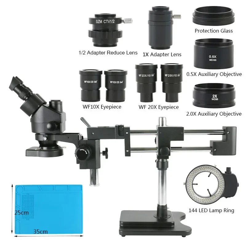 

3.5X-180X Zoom Simul Focal Trinocular Stereo Microscope Double Arm Boom Tripod For Industrial PCB Soldering Lab Detected