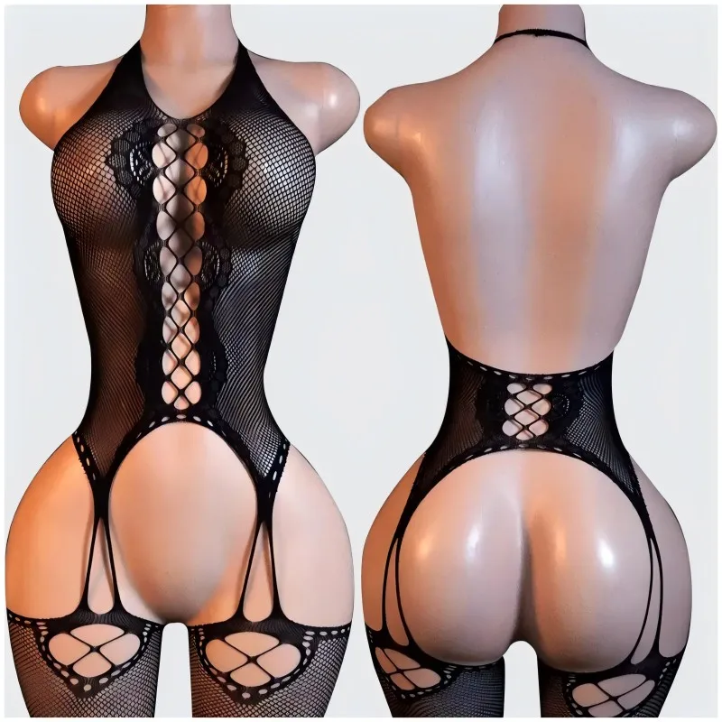 Sexy Underwear Women's Tight Socks Fishing Net Clothing Clothes High Waist Pantyhose Mesh Lace Open Crotch Black Jumpsuit
