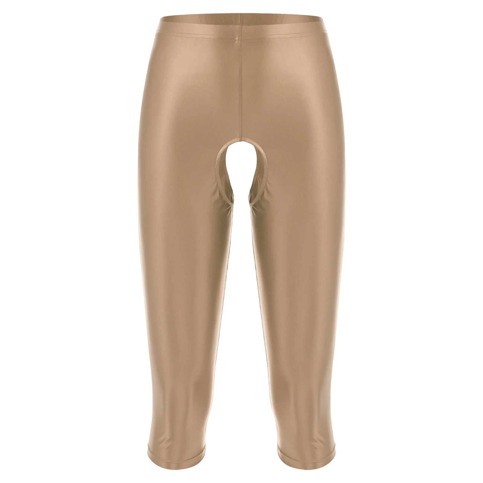 Pantalones cortos brillantes y aceitosos para mujer, mallas Capri ajustadas con entrepierna abierta, lencería inferior, ropa de noche para discoteca