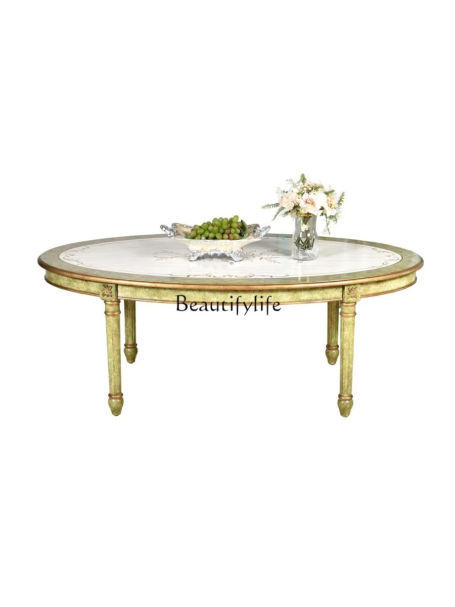 

American Country Coffee Table Solid Wood Living Room 2024 New Home Oval Small Apartment Short Tea Table Table Painted Furniture