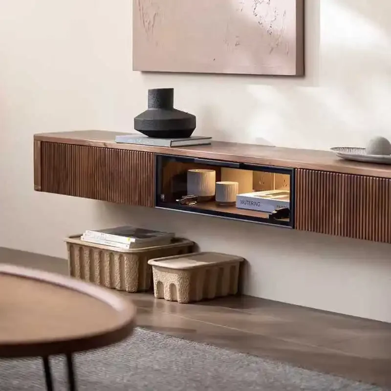 modern simple small apartment living room light luxury North American black walnut solid wood cabinet hanging wall Nordic