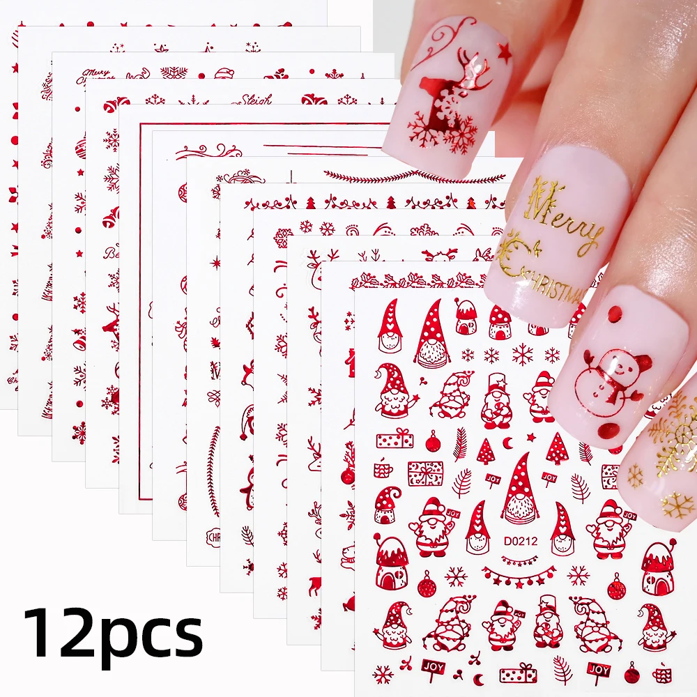 12Pcs/Lot Christmas Snowflake Nail Sticker 2025 New Year Merry Christmas Deer Snowman Slider Sticker Foil Xmas Finger Tip Decals